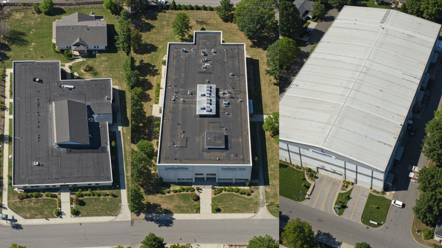 Side-by-side view of small residential and large commercial flat roof sizes
