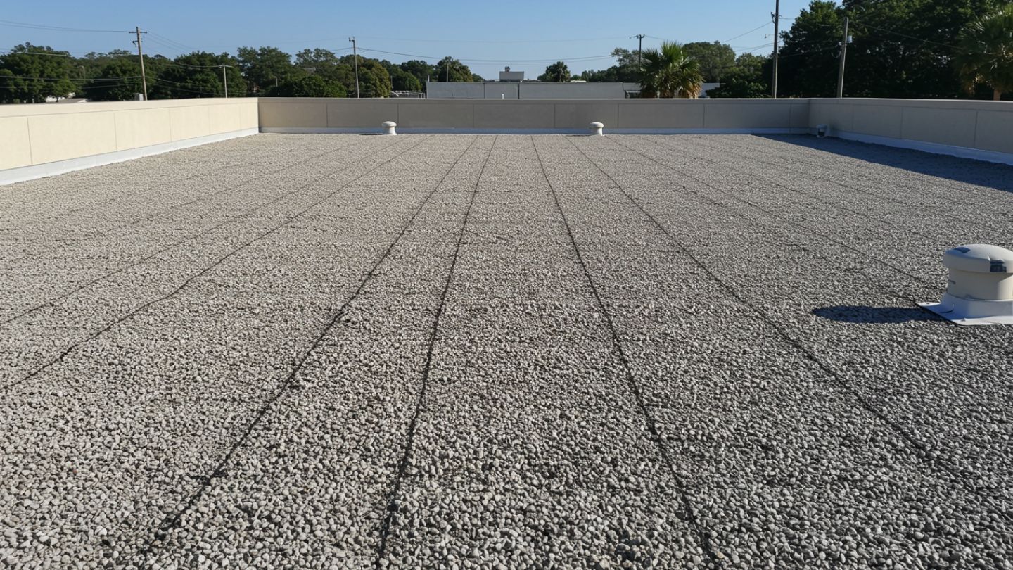 Built-up roof membrane prepared for hurricane with secured equipment