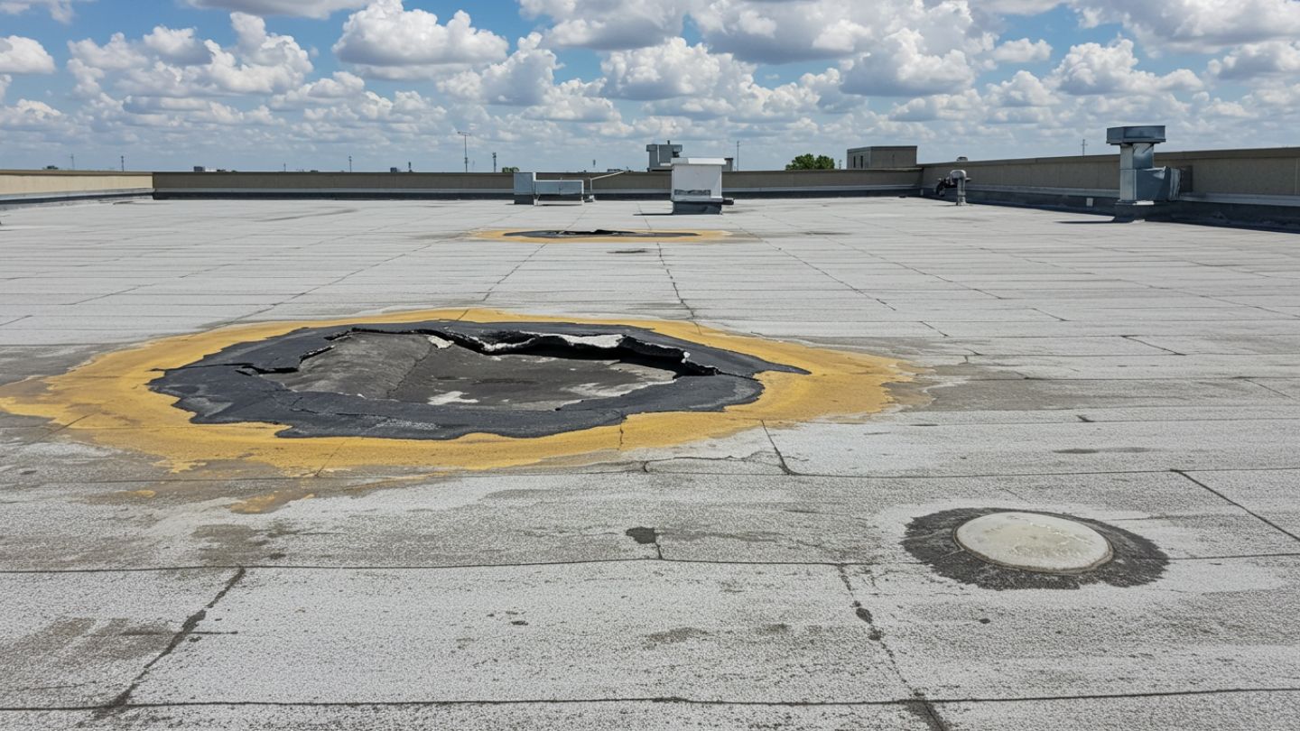 Diagram showing UV, storm, and foot traffic damage on a flat membrane roof