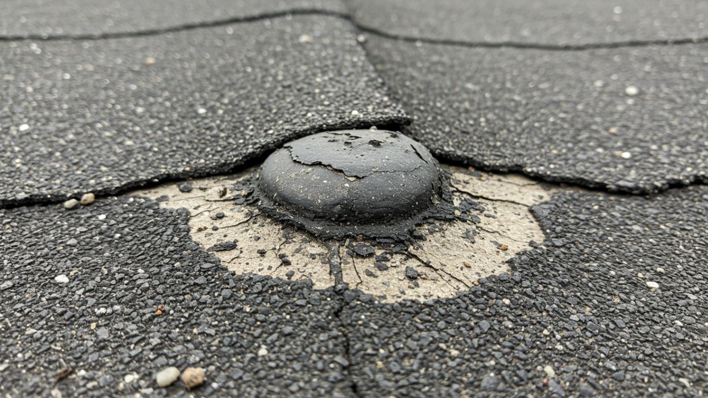 Close-up of blistering and ponding water on built-up roof membrane