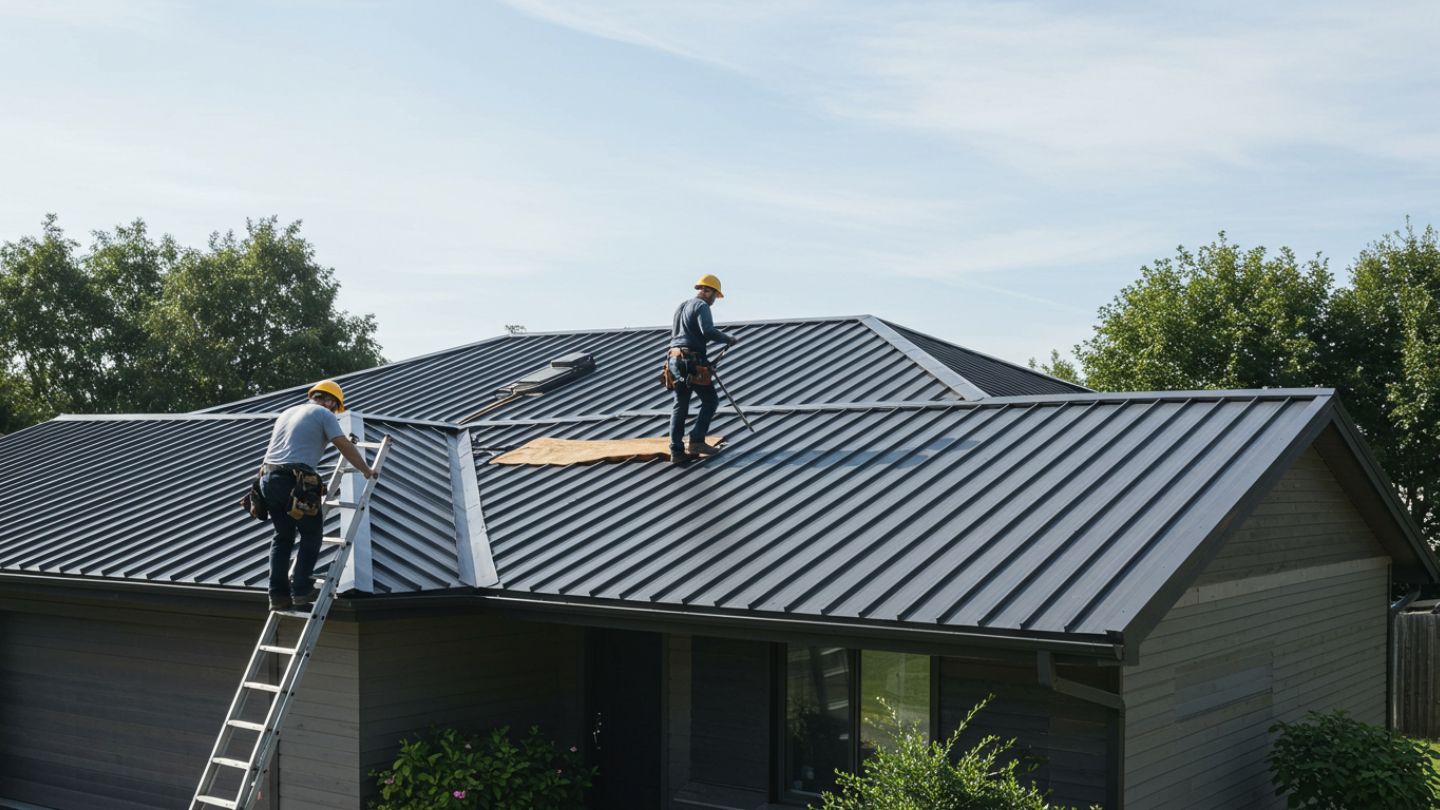 Roofer completing final inspection on a clean, well-maintained metal roof in bright daylight.
