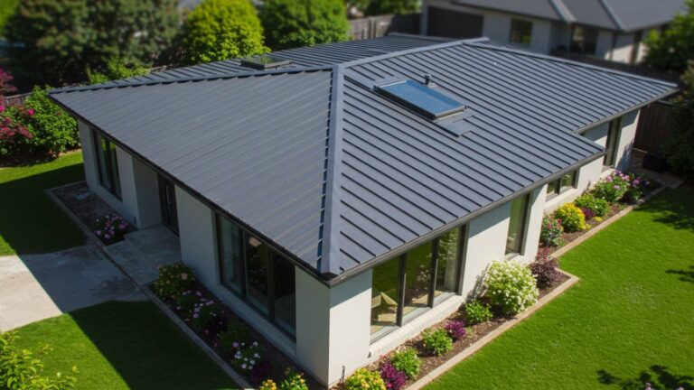 Modern home with red metal roof and commercial building with gray roof, both vibrant and well-maintained, symbolizing long-lasting color retention