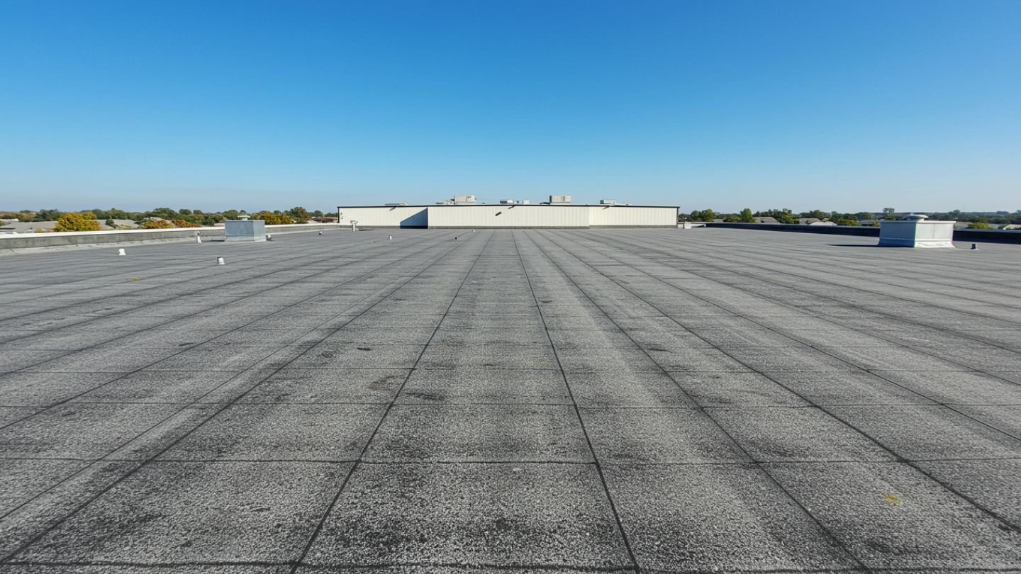 Well-maintained built-up roof membrane on commercial building under clear skies