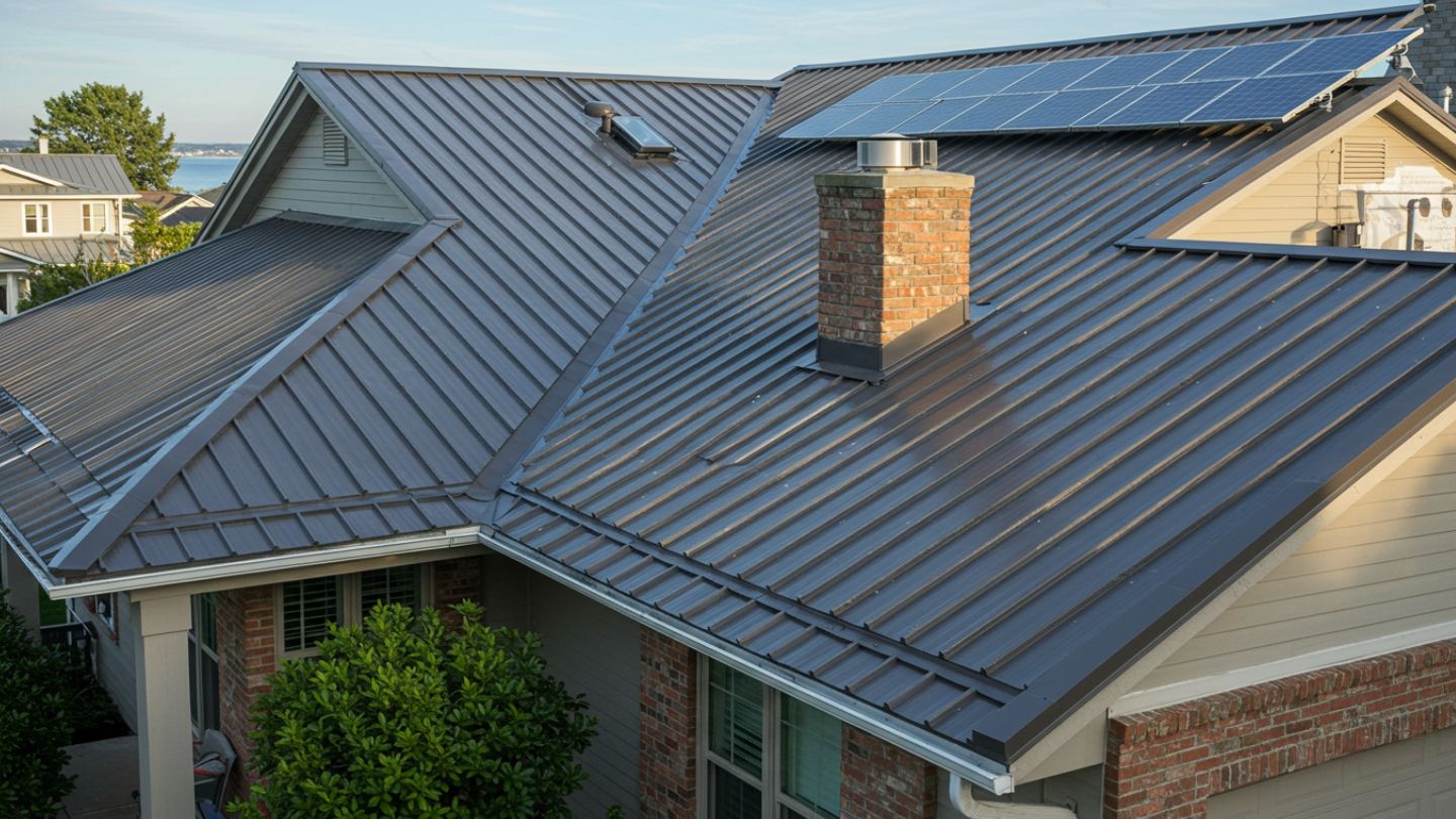 Standing seam metal roof on commercial building under clear sky