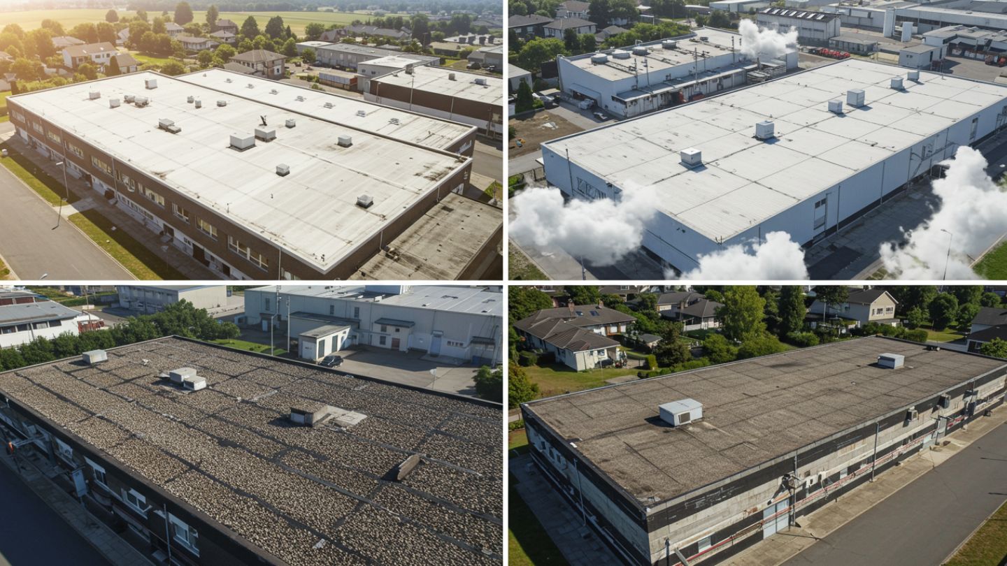 Aerial comparison of flat roof materials including TPO, EPDM, BUR, and bitumen
