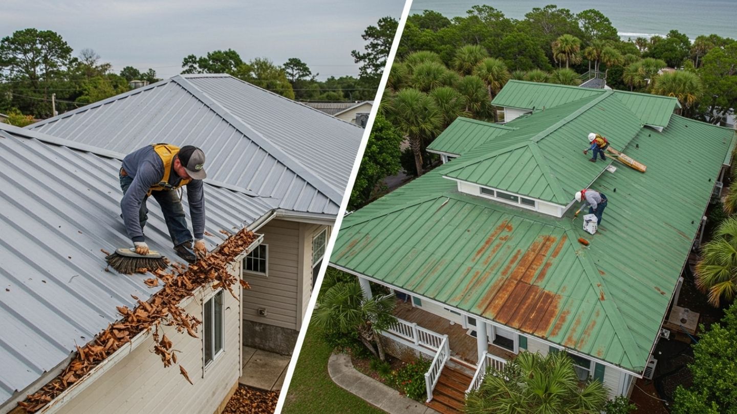 Side-by-side view of small residential and large commercial metal roofs being maintained.