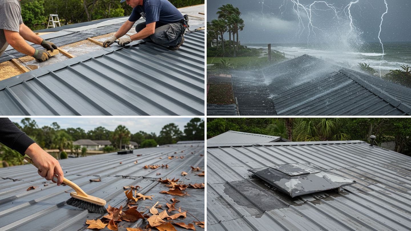 Icons showing factors that affect roof life: weather, drainage, maintenance, installation quality