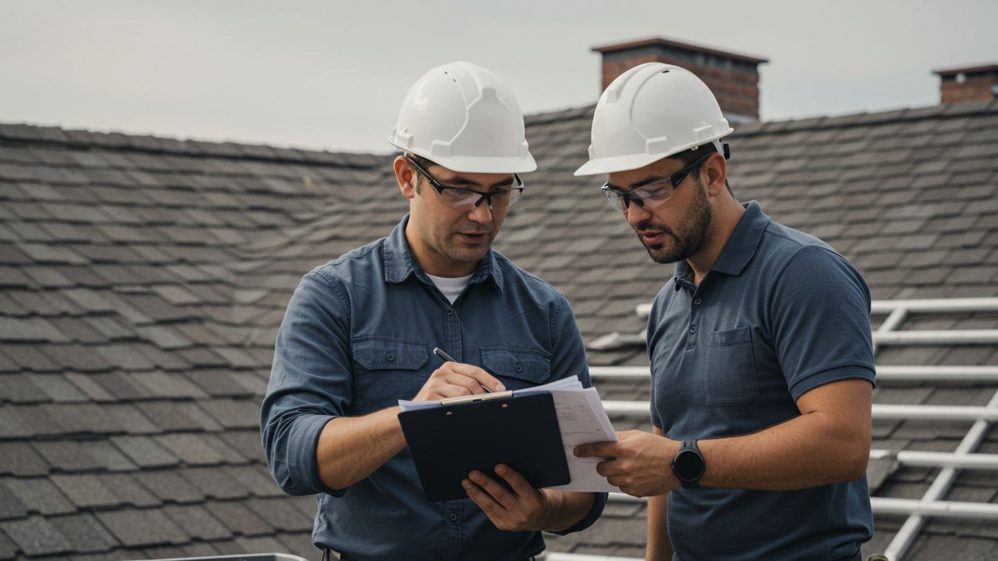 Roofer and client reviewing roofing cost estimates and financing plans