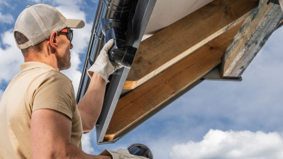 Licensed gutter installer completing seamless gutter installation on a home