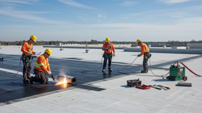Roofer inspecting small tear on single membrane roof at sunset to prevent costly damage