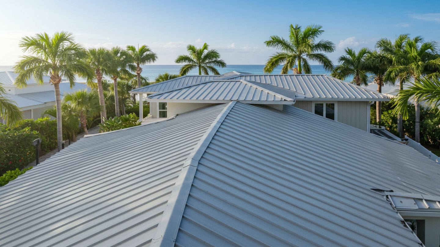 New standing seam metal roof on a Florida home under bright sun, showing modern design and long-term weather resistance