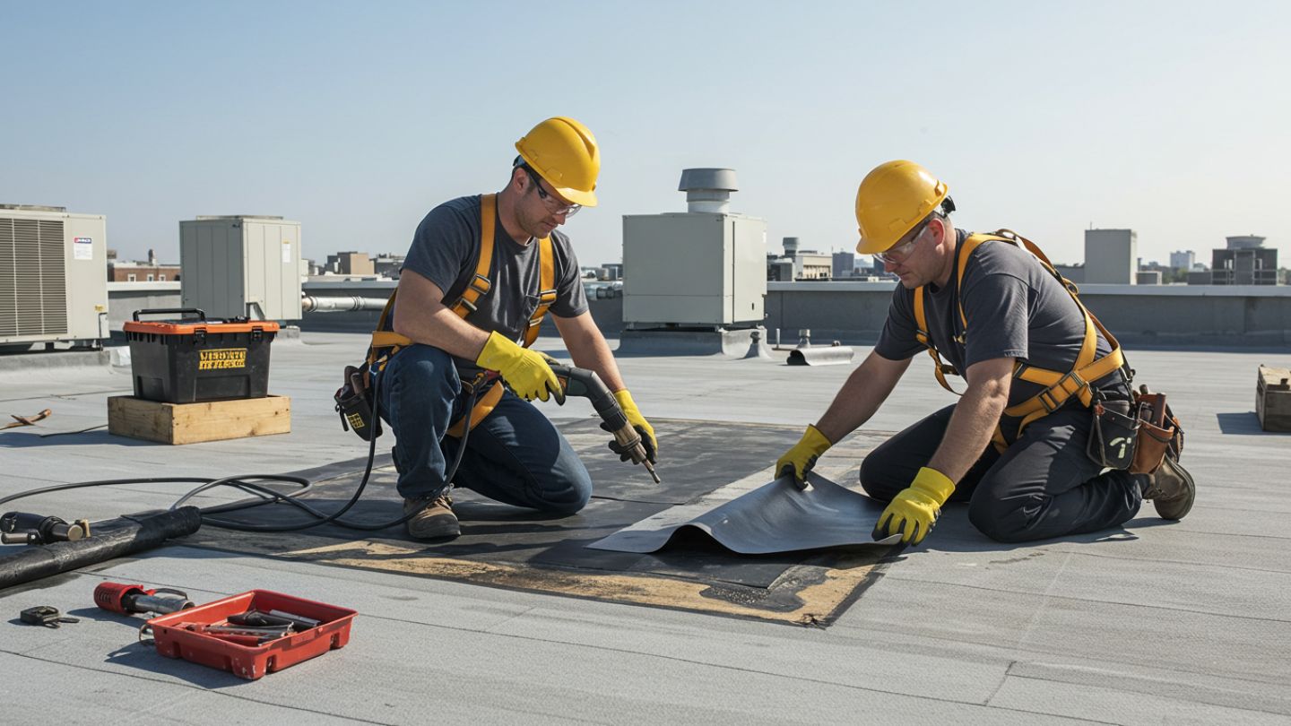 Step-by-step infographic of single membrane roof repair process