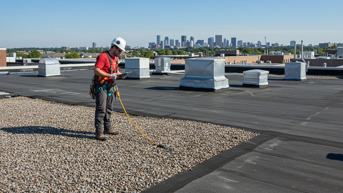 Roofer inspecting built-up roof membrane with even gravel coverage on commercial building