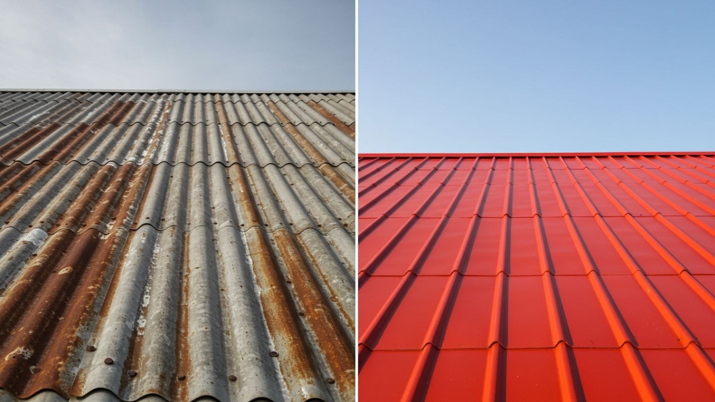 Roofer cleaning and applying protective coating to metal roof for extended color retention