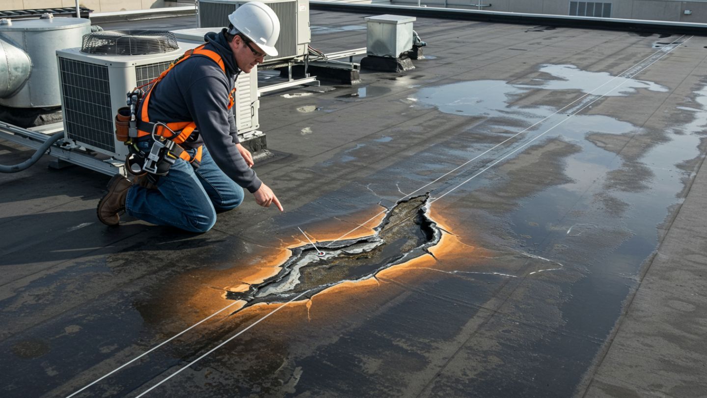 Checklist of membrane roof failure signs like blisters and water pooling