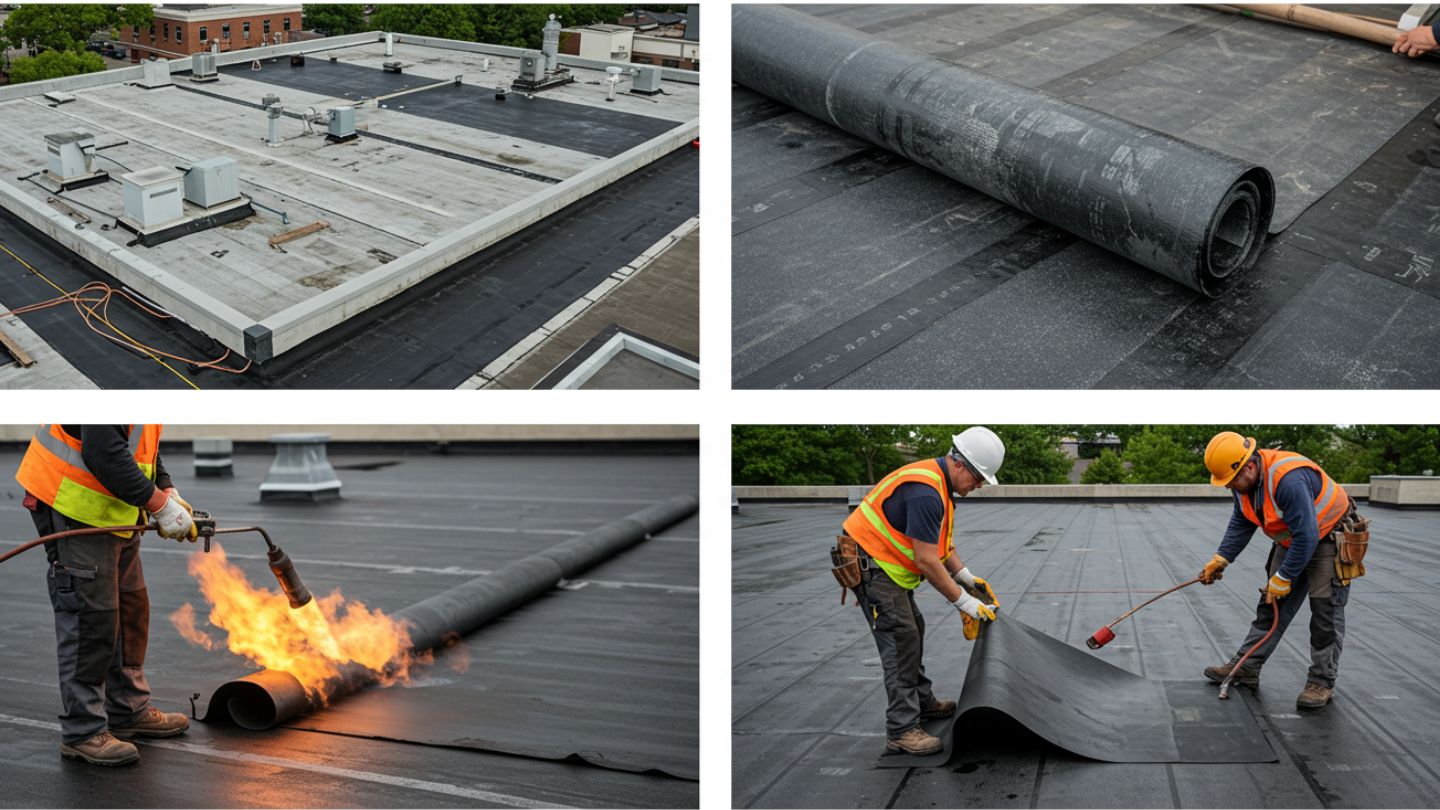 Roofer working on a flat roof with materials, showing installation complexity