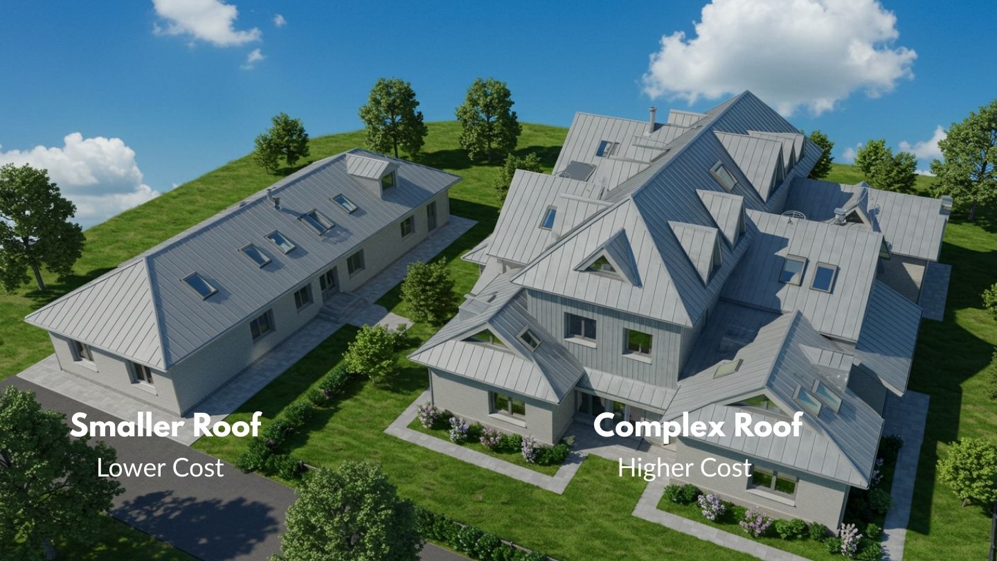 Roofer inspecting a complex standing seam metal roof for cost factors like size and design.
