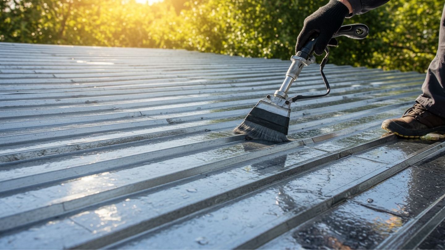 Before-and-after view of a metal roof showing improvement after professional maintenance.