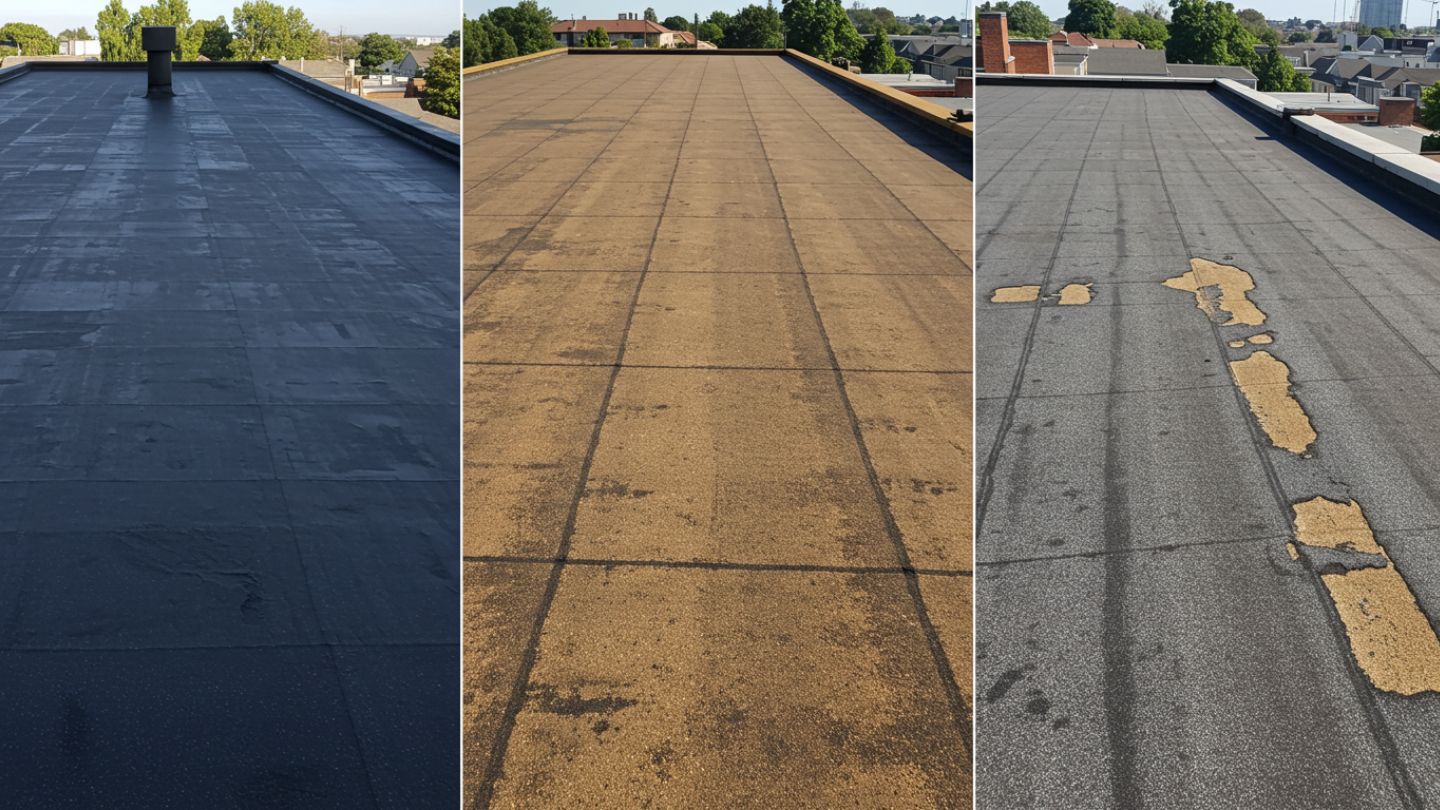 Cool roof with reflective finish reducing heat on modified bitumen system