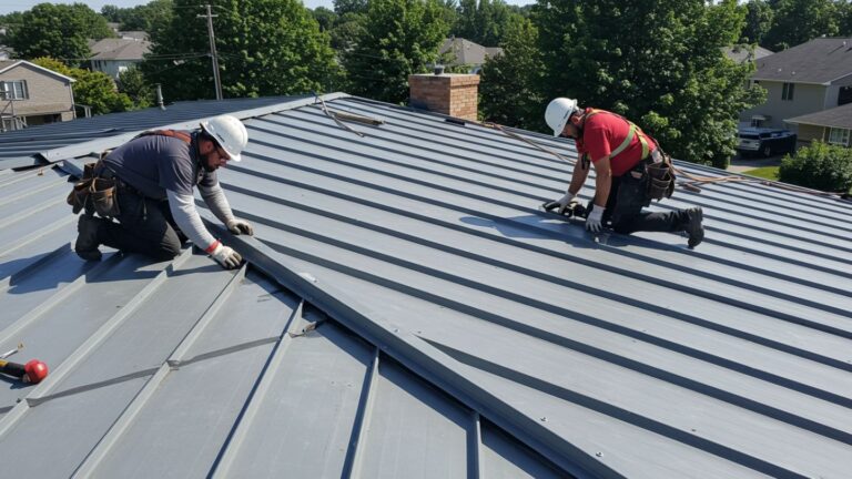 Roofers performing maintenance on a clean metal roof under bright daylight.