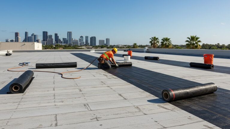 Roofer installing modified bitumen roofing system in 2025 on a flat building in a sunny, storm-prone climate