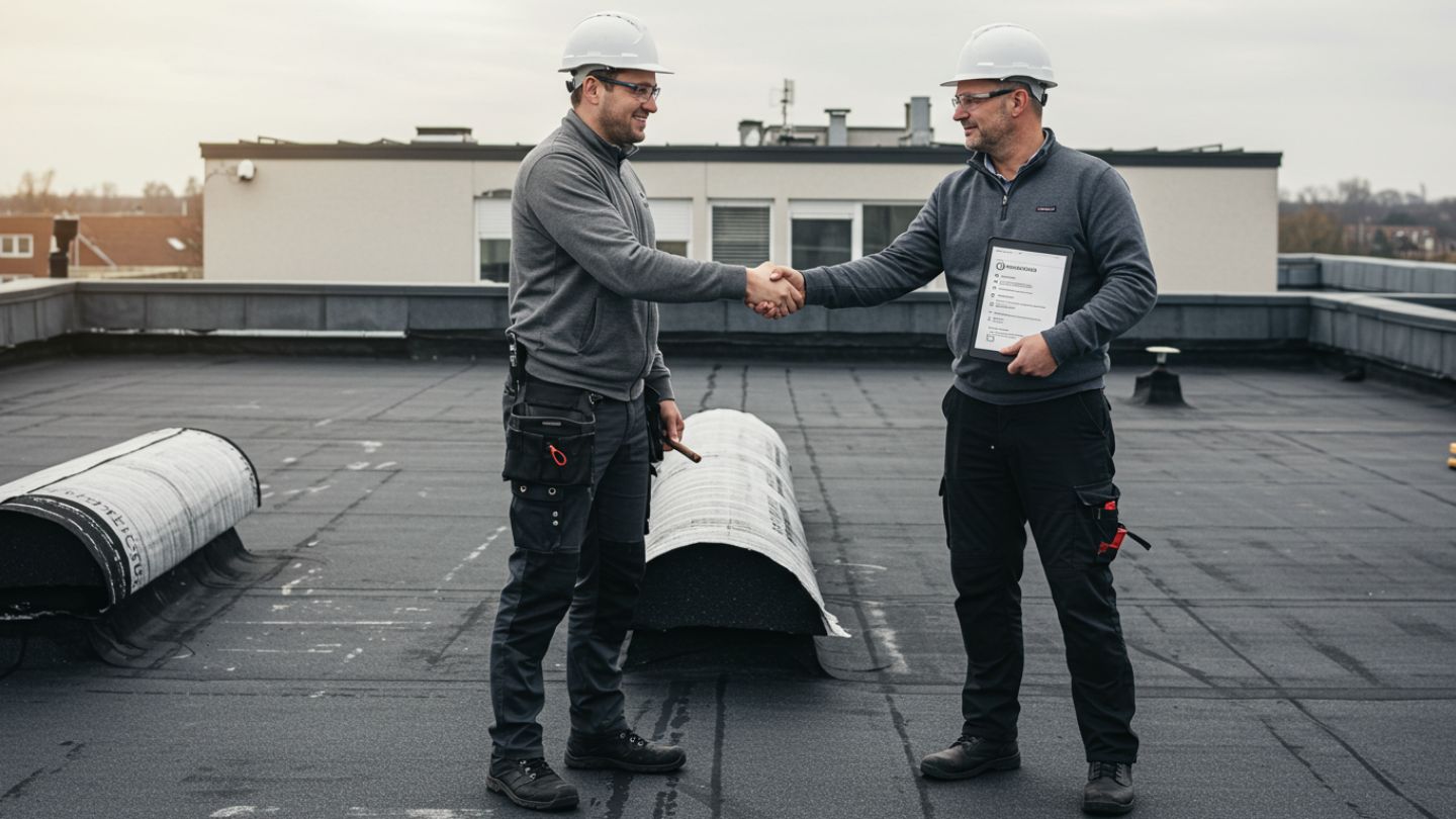 Roofer and property owner shaking hands on a finished modified bitumen roof