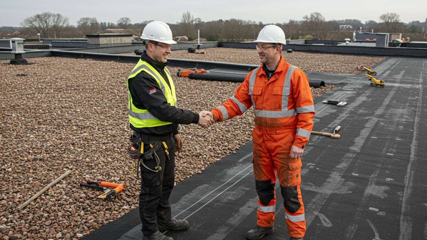 Licensed roofer discussing built-up roof maintenance plan with property owner