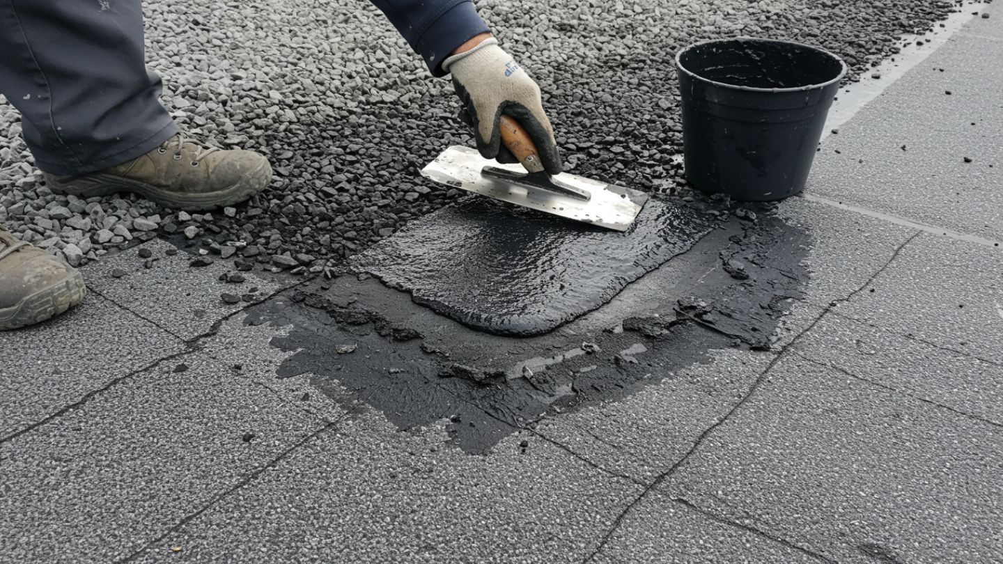 Roofer applying patch to damaged section of built-up roof membrane