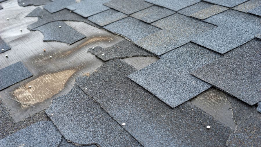 Licensed roofer performing roof repair on a residential home