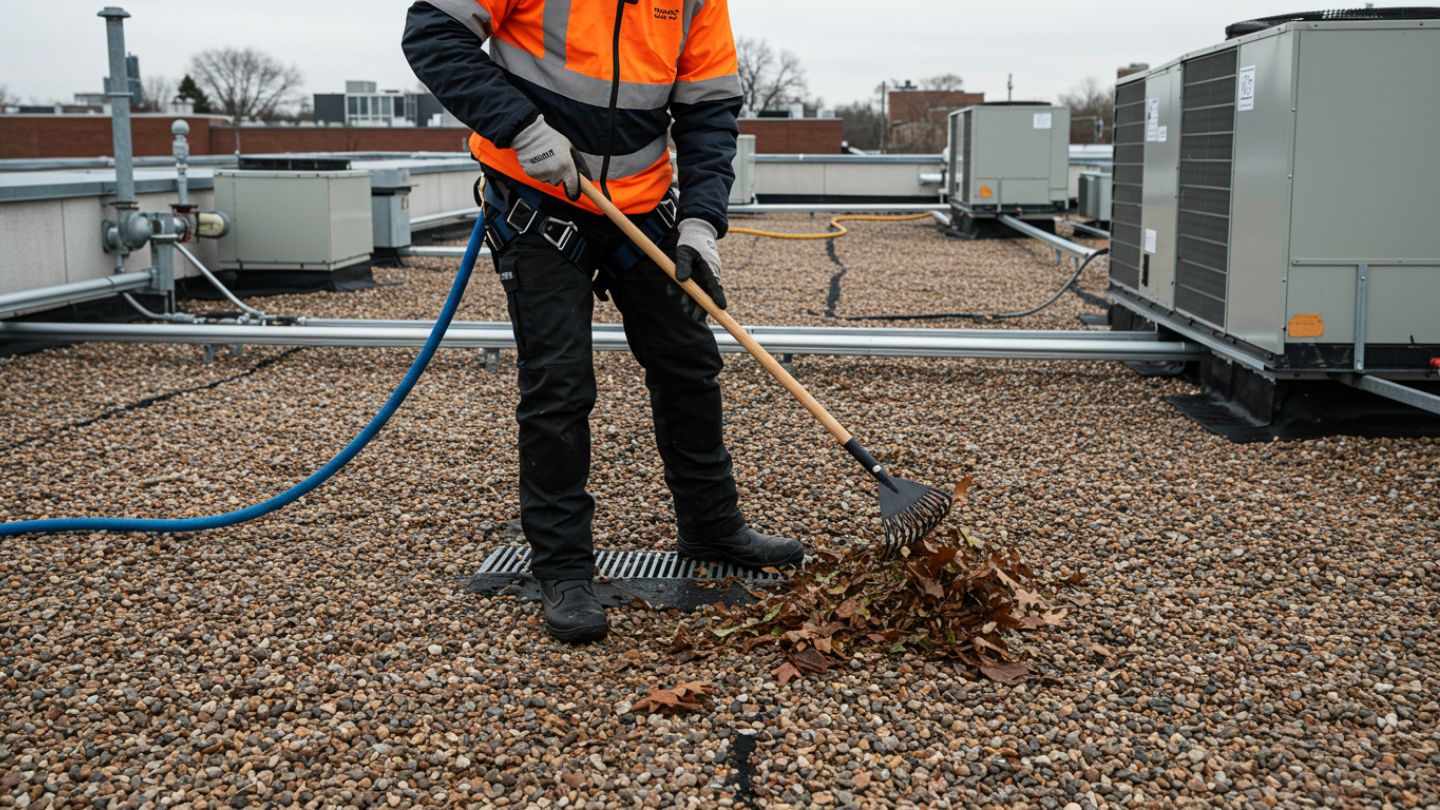 Worker clearing debris from built-up roof membrane during seasonal inspection