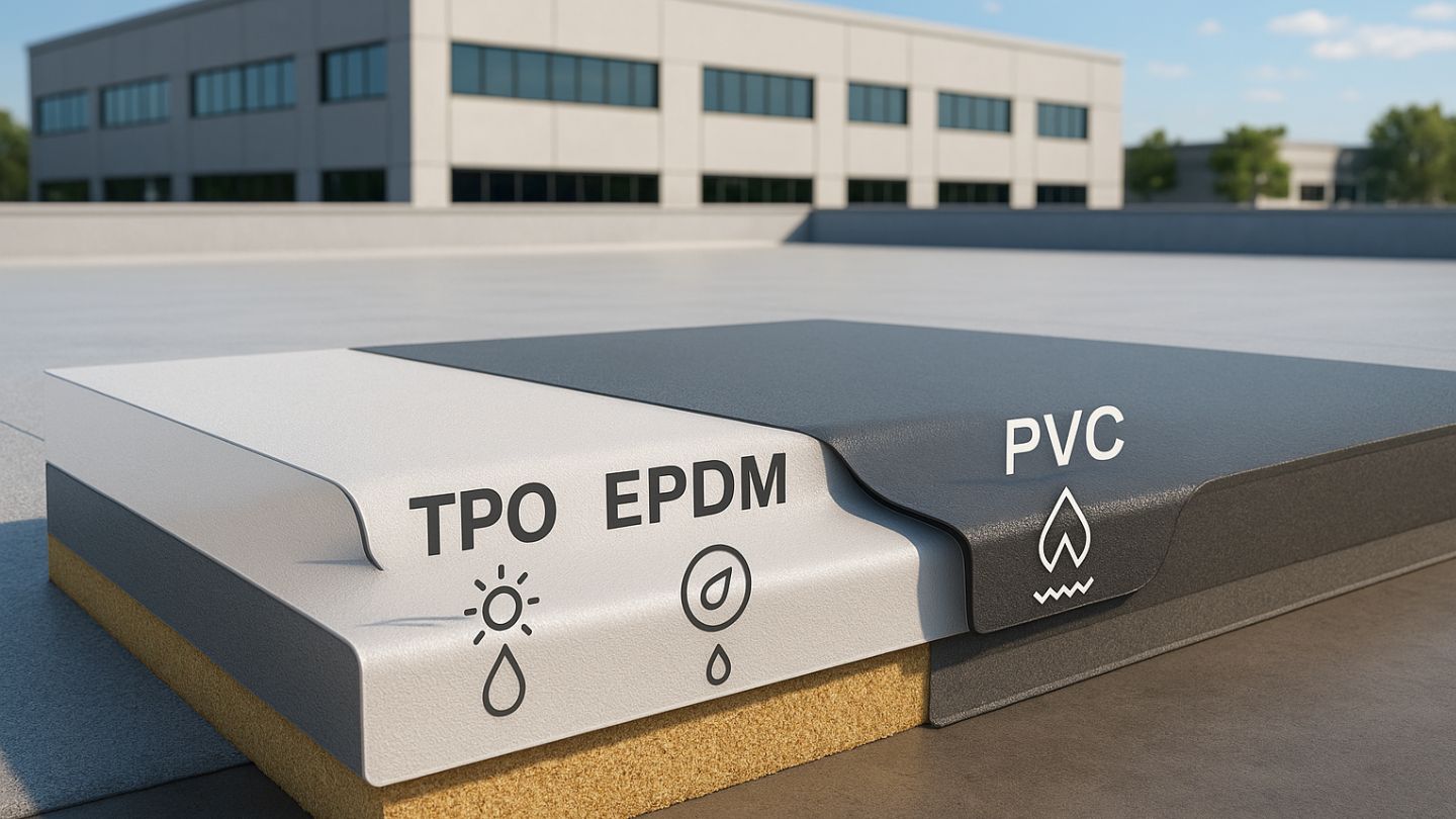 Illustration of TPO, EPDM, and PVC single membrane roofing systems