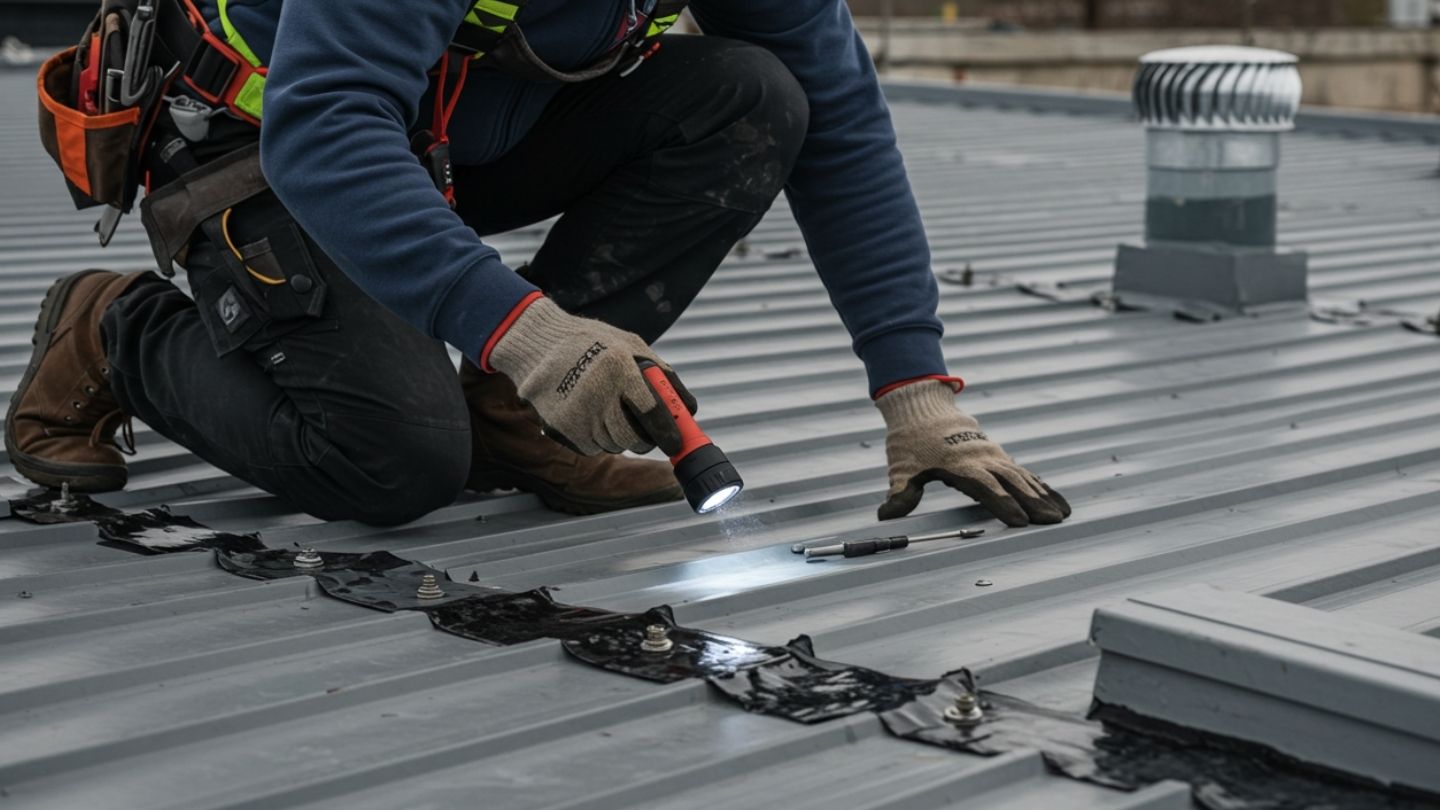 Contractor checking seams and flashing during a professional metal roof inspection.