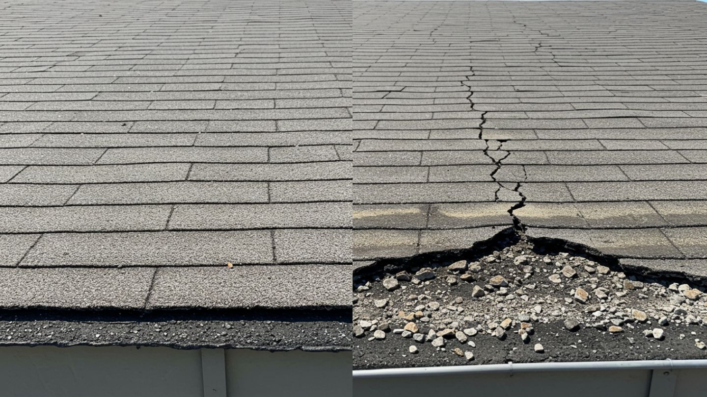 Side-by-side comparison of damaged and well-maintained built-up roof membrane