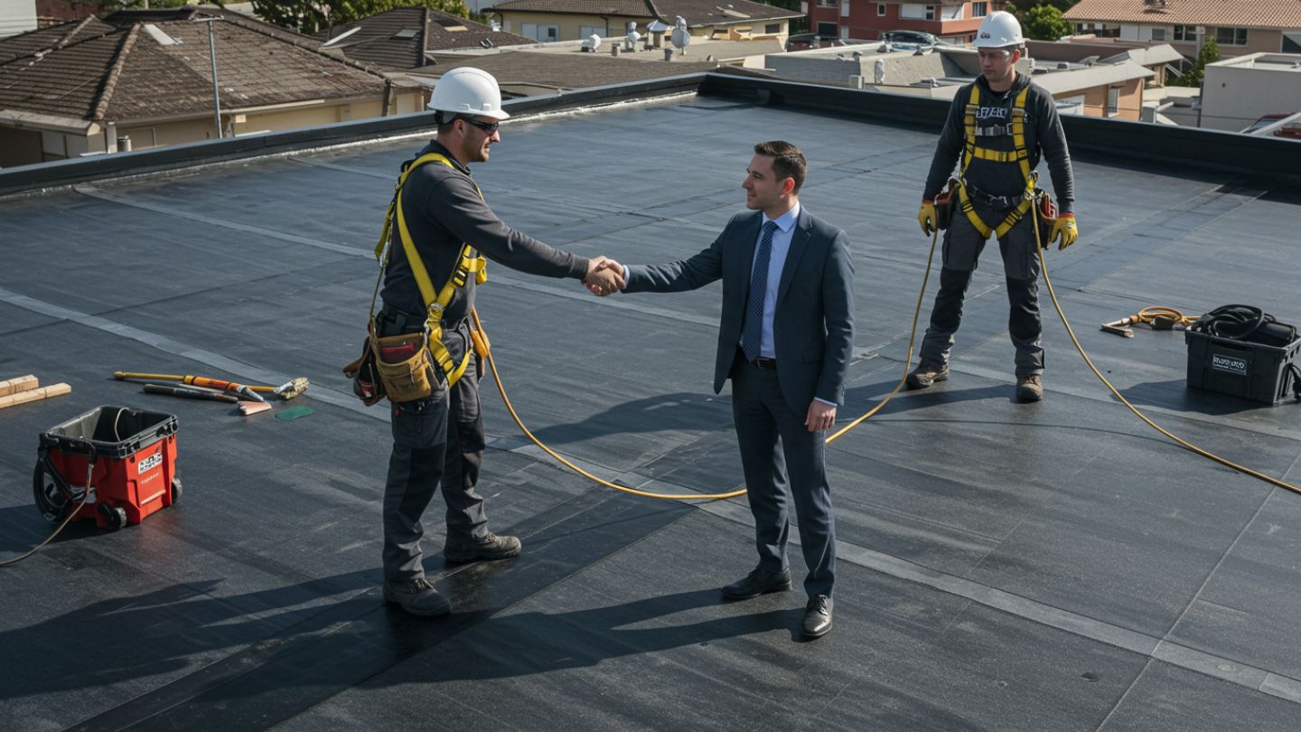 mage of certified roofing professionals inspecting a commercial membrane roof