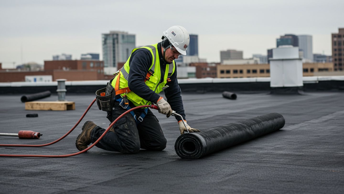 Certified roofer installing flat roof with attention to seam sealing