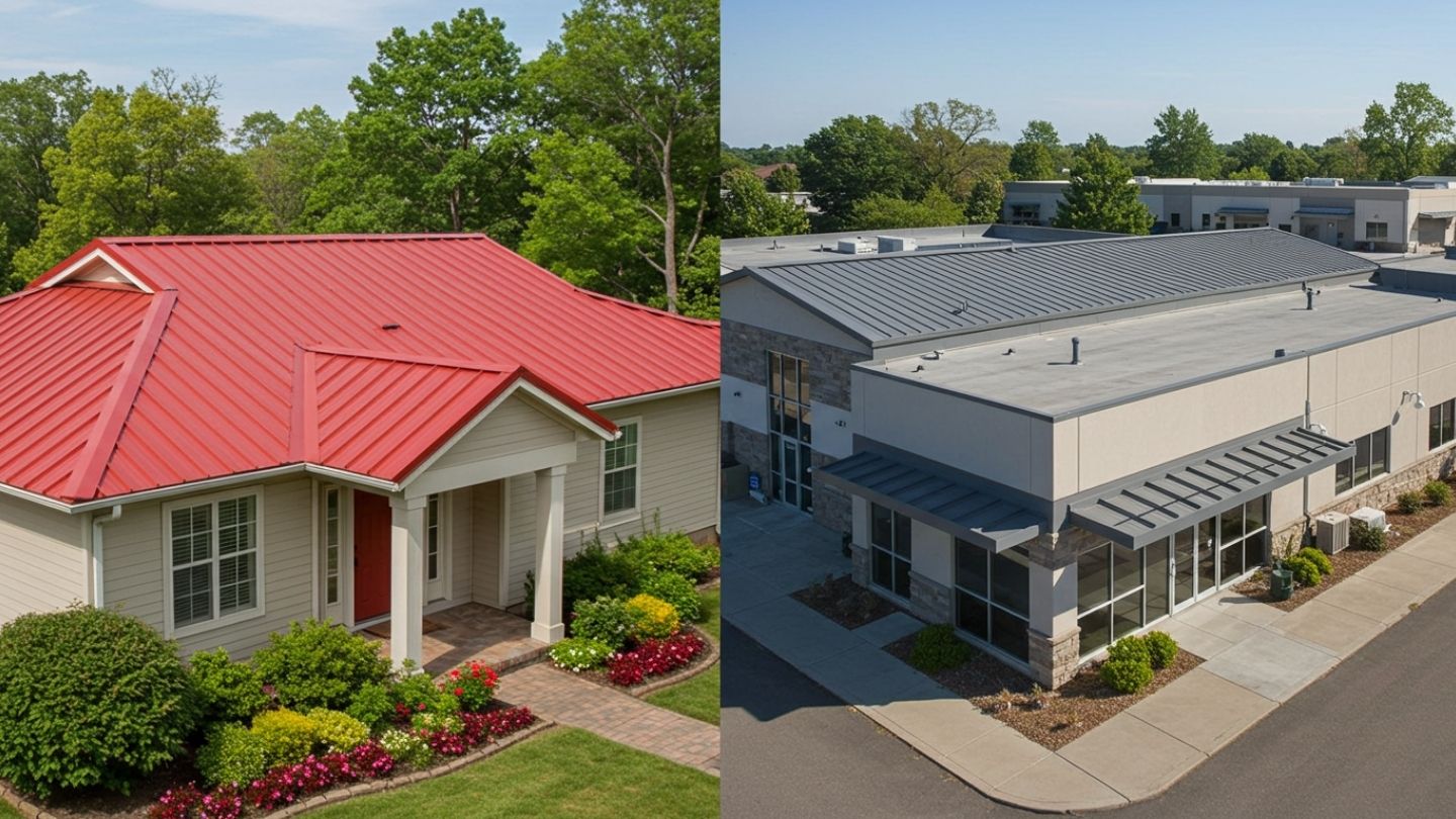 Residential home and commercial building with vibrant metal roofs showing long-lasting color and value