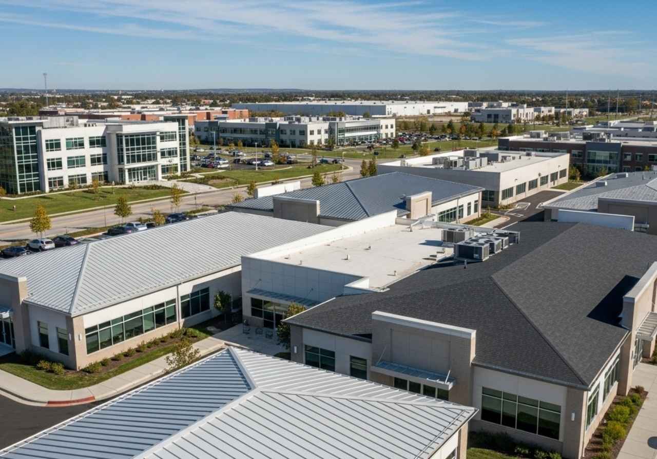 Commercial buildings featuring durable, high-performance roofing materials for long-term value.