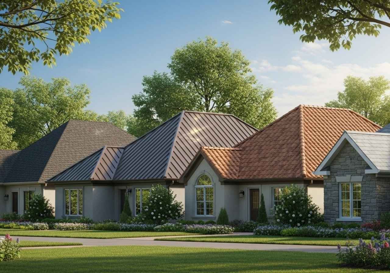 Different durable residential roofing materials on suburban homes under daylight.