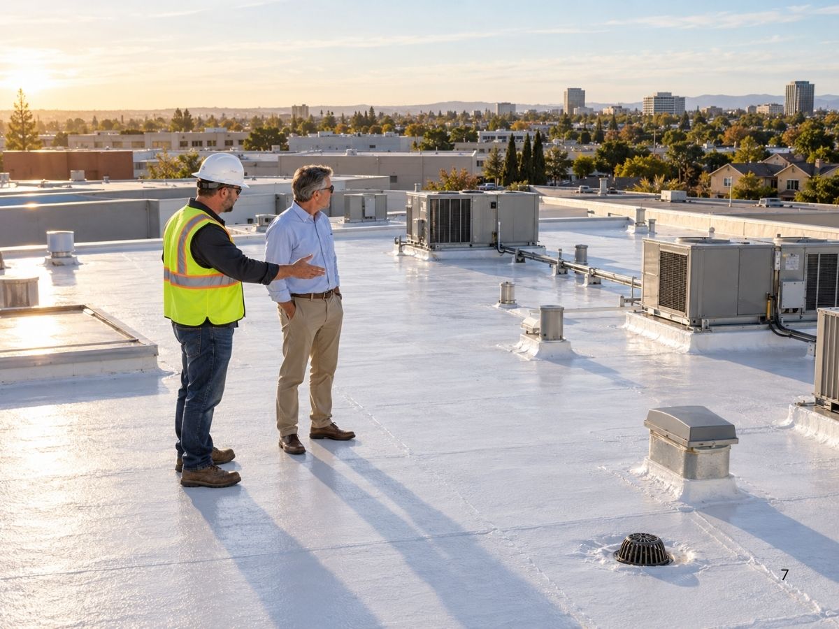 Property owner and roofing contractor inspecting a finished reflective roof coating system.