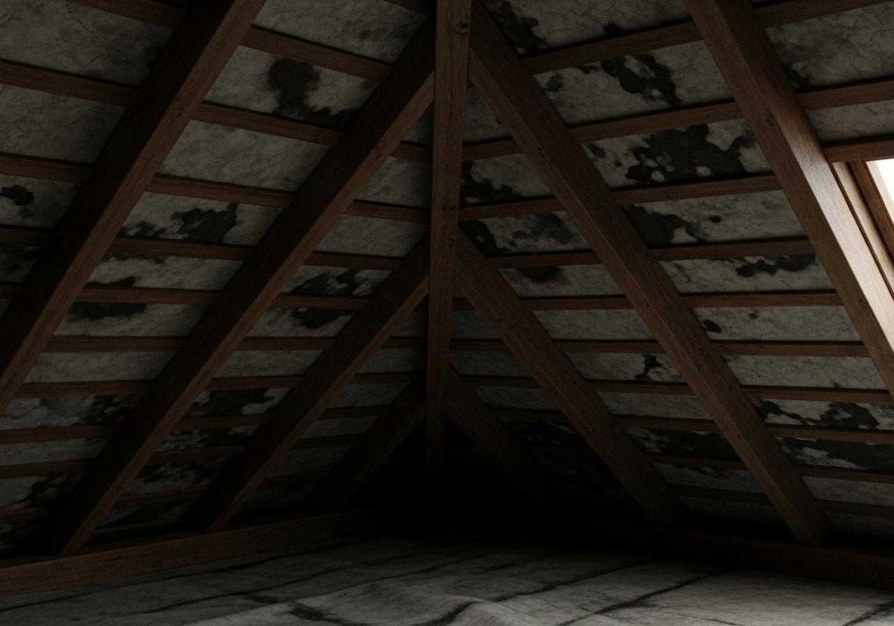 Hidden roof damage inside an attic with moisture stains and structural wear.