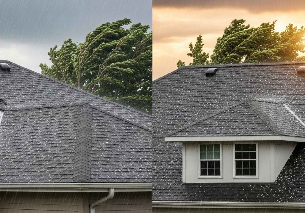 Stormy weather impacting residential and commercial roofs with visible signs of wear from wind, rain, and hail.