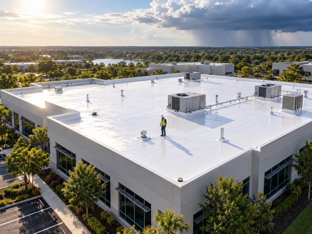 Reflective roof coating protecting a commercial building while reducing heat and extending roof life.