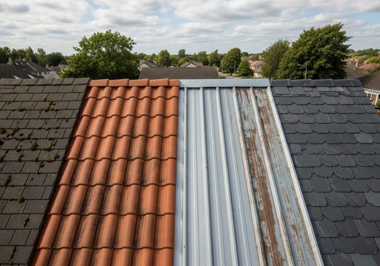 Different roofing materials showing varying durability under natural outdoor conditions.