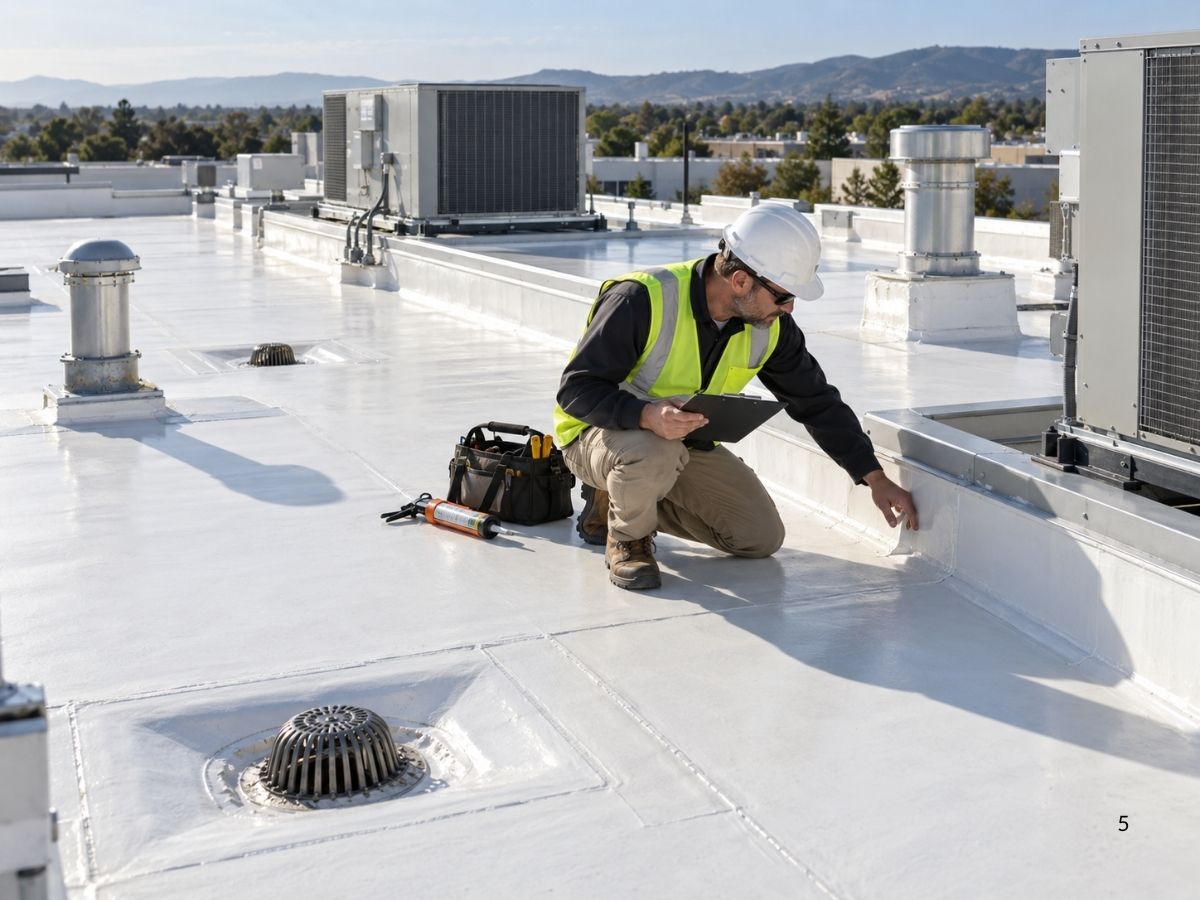 Professional contractor inspecting a coated commercial roof for maintenance, durability, and warranty compliance.