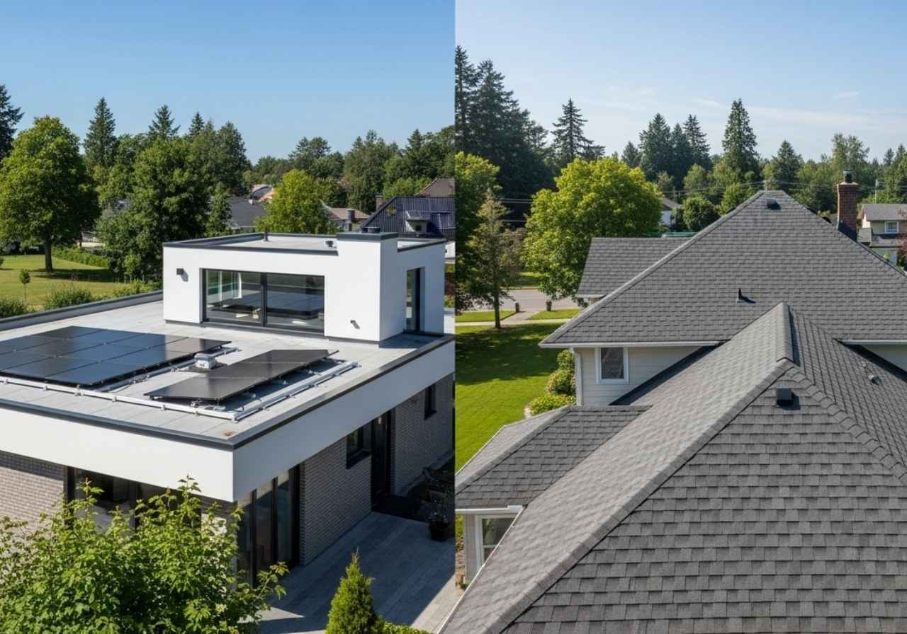 Side-by-side comparison of a flat roof and a shingle roof on modern and traditional homes.
