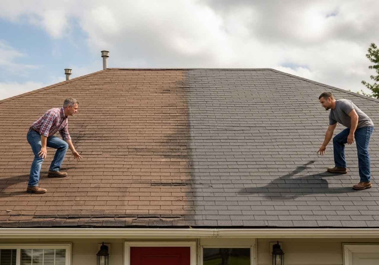 Homeowner and contractor assess roof damage to decide between repair or replacement.
