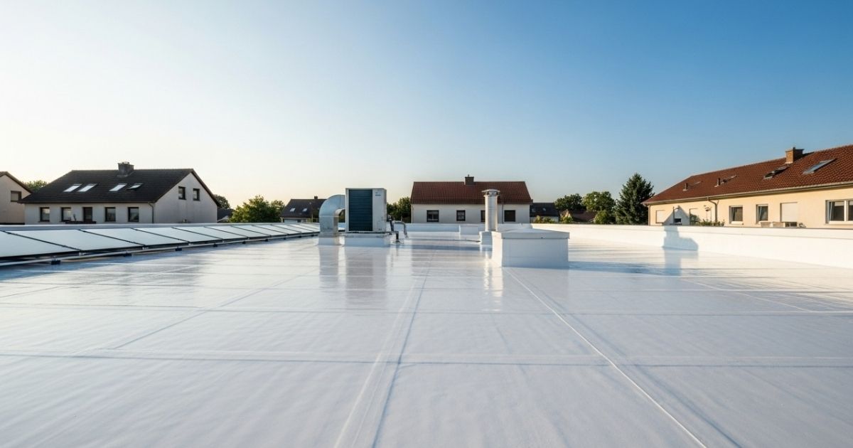 A white-coated roof reflecting sunlight, representing energy-efficient protection for homes and businesses.