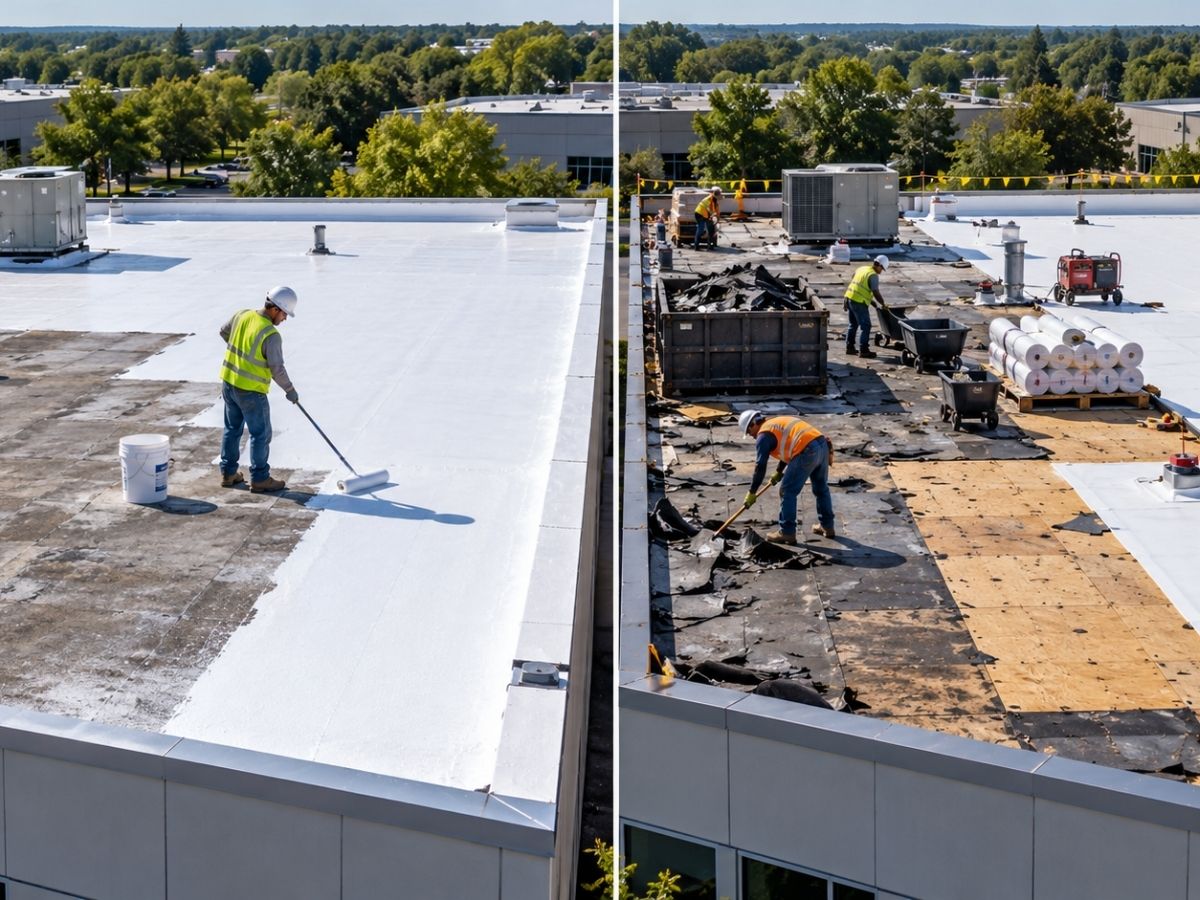 Roof coating compared with full commercial roof replacement on aging flat roofs.