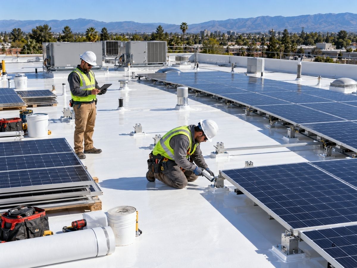 Roof coating installation around solar panels with professional inspection for insurance and code compliance.