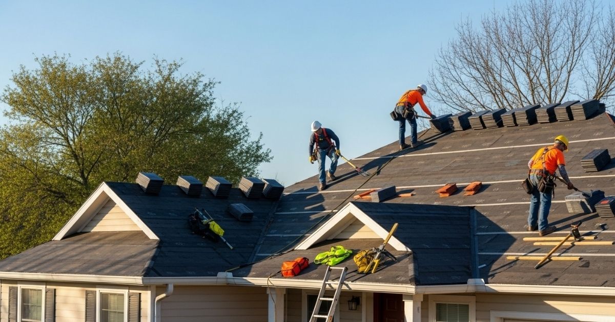 Roofers replacing shingles on a home during optimal seasonal weather.